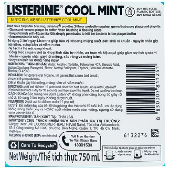 Nước súc miệng Listerine Cool Mint 750ML ngừa sâu răng diệt khuẩn giữ hơi thở thơm mát dài lâu