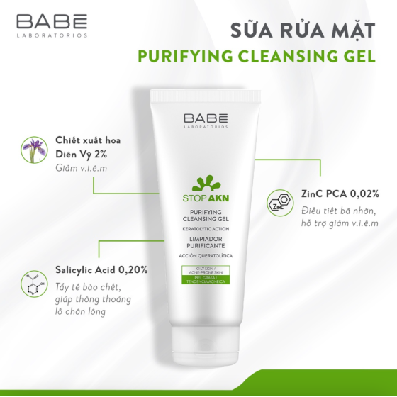 Sữa rửa mặt dịu nhẹ cho da dầu mụn Babe Stop AKN Purifying Cleansing Gel 200ml BABÉ