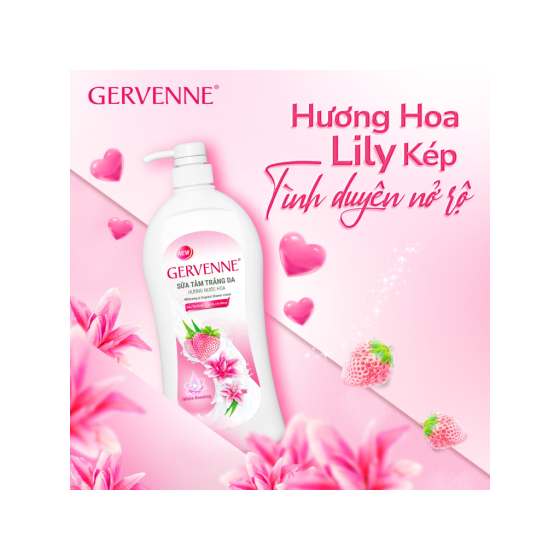 Sữa tắm trắng da Gervenne dâu tây bạch tuyết & lily hồng hương nước hoa 900g