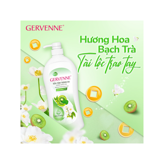 Sữa tắm trắng da Gervenne kiwi & bạch trà hương nước hoa 900g
