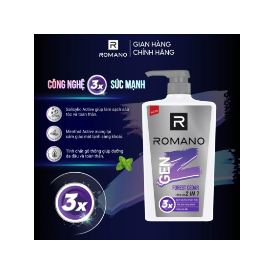Tắm gội 2 trong 1 Romano Genz Forest Cedar sạch sâu làm sạch gàu hương gỗ Tuyết Tùng 610g