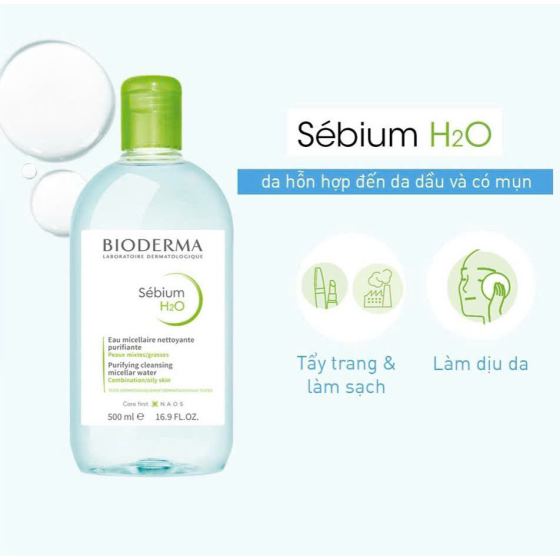 Nước Tẩy Trang Bioderma Dành Cho Da Hỗn Hợp, Da Dầu & Da Mụn Sébium H2O 500ml